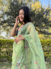 Grey Printed Lace Lime Green Organza Saree